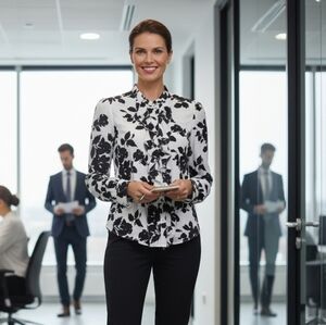 Worthington Black White Floral Ruffled Button-Up Blouse Size Large EUC